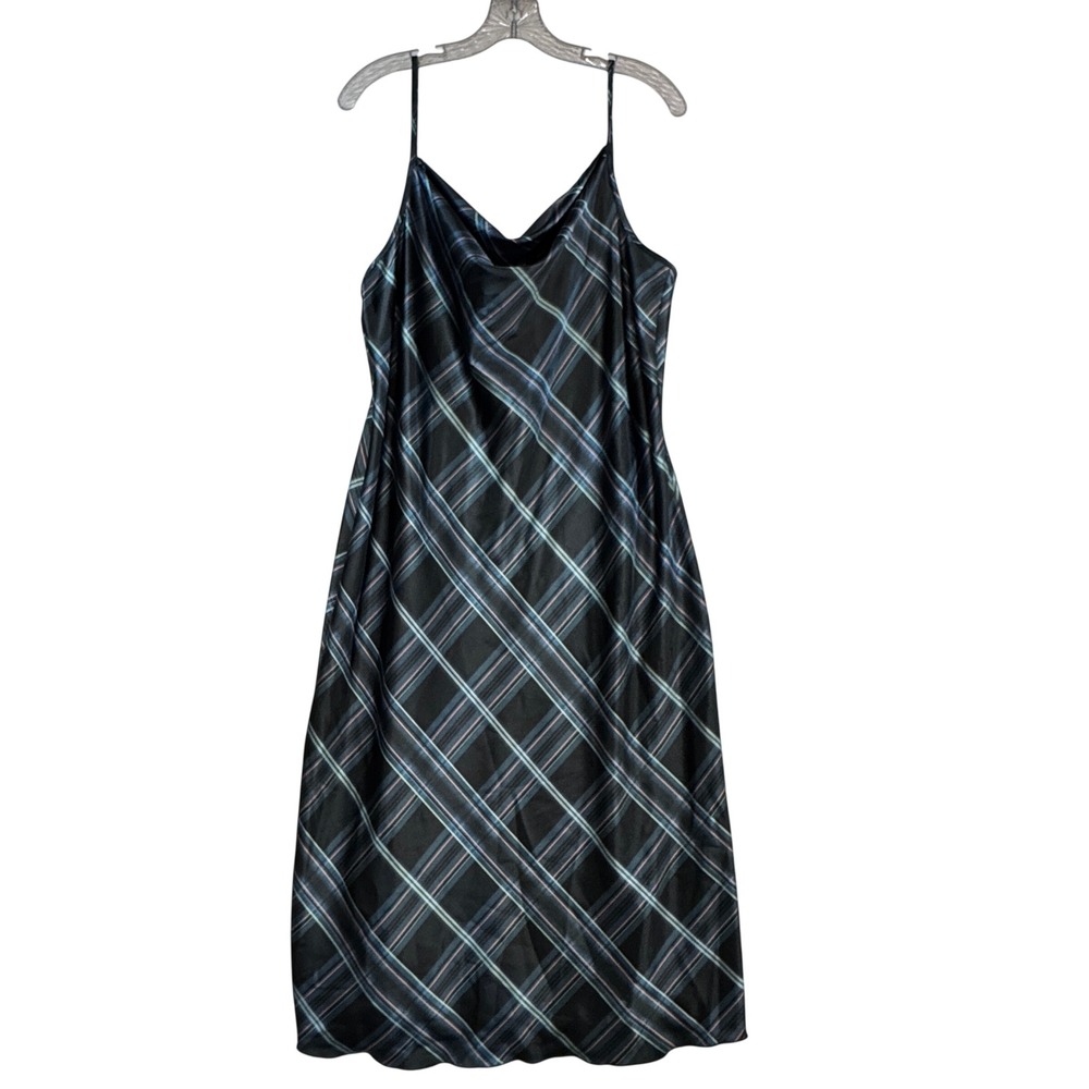 Bebe Satin Plaid Cowl Neck Slip Dress Black Green NWT Sz S 90's Whimsigoth